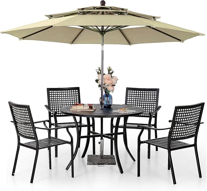 PHI VILLA 5-Piece Patio Dining Set for 4 with 10ft Umbrella, Metal Circle Table & Wrought Iron Stackable Chairs, 3-Tier Vented Beige Umbrella