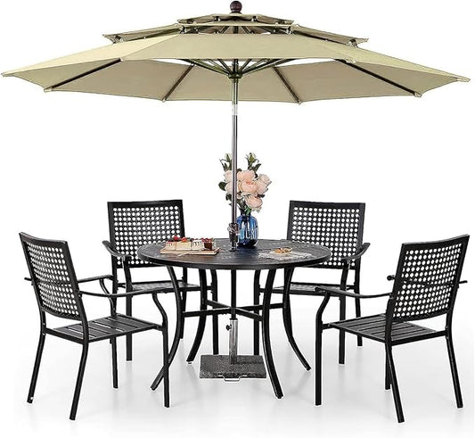PHI VILLA 5-Piece Patio Dining Set for 4 with 10ft Umbrella, Metal Circle Table & Wrought Iron Stackable Chairs, 3-Tier Vented Beige Umbrella