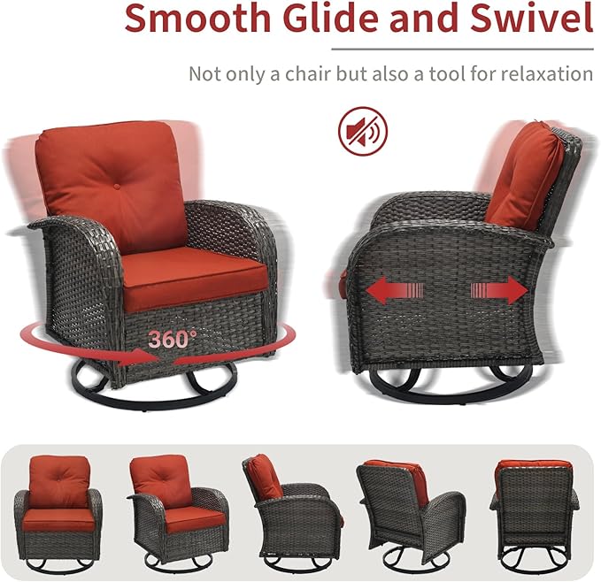 3 Pieces Patio Furniture Set, Outdoor Swivel Rocking Chair Set of 2 with Side Table - 360° Swivel, Thick Cushions, All-Weather Bistro Set for Deck, Porch, Pool(Wine Red, Grey Full-Weave Rattan)