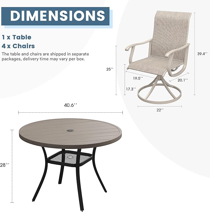 DIFY 5 Pieces Outdoor Patio Dining Set, 4 Sandshell Textilene Swivel Dining Chairs and 40.6" Grey Wood-Like Round Dining Table, Metal Outdoor Table and Chairs