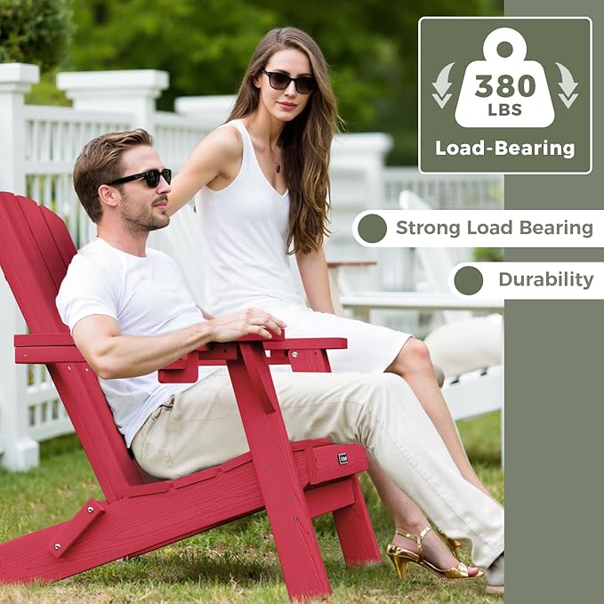 Folding Adirondack Chair with Wood Texture, HDPE All-Weather Fire Pit Chairs, Plastic Adirondack Chairs with 2 Cup Holder, Outdoor Lawn Chair for Patio Garden (Red)
