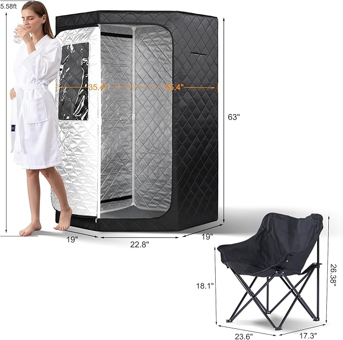 ZONEMEL Full Size Portable Steam Sauna, Personal Home Spa, 1500 Watt 4 Liter Steamer with Remote Control, Timer, Upgraded Portable Chair (Black, 63in-Height)