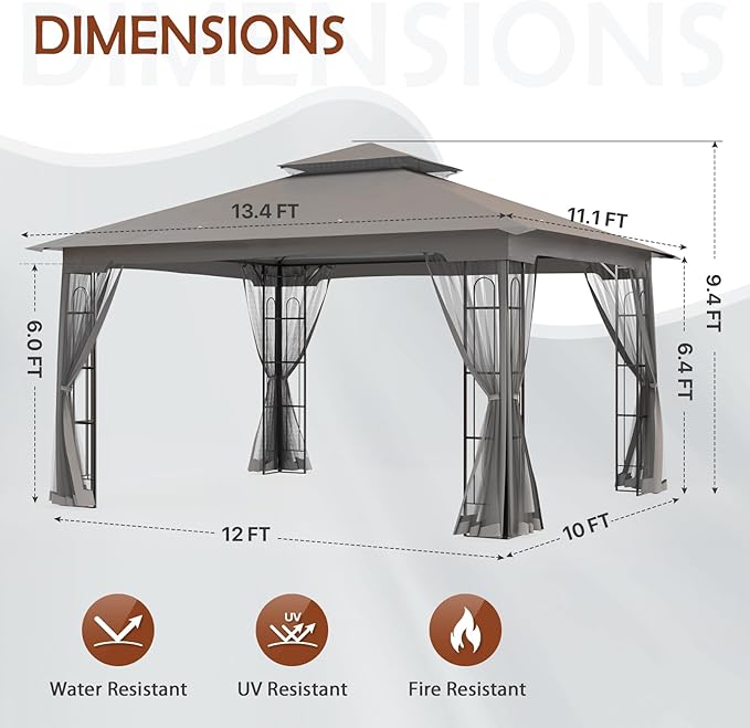 COOS BAY 10x12 Outdoor Patio Gazebo with Netting, Two-Tier Soft Top Canopy for Backyard, Lawn, Deck and Garden, Gray
