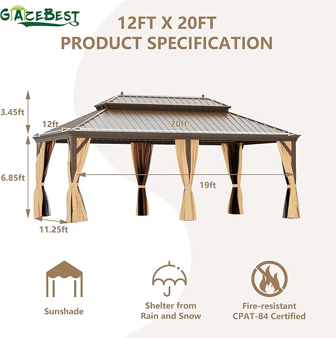 12' X 20' Hardtop Gazebo, Outdoor Galvanized Steel Double Roof Permanent Aluminum Frame Pavilion Pergola Canopy with Privacy Curtains for Garden, Patio, Backyard, Deck and Lawns.