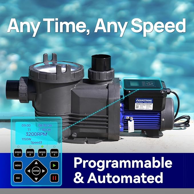 Aquastrong Variable Speed Pool Pump, 3 HP, 220V, 11359GPH, In/Above Pool Pump, Energy Efficient, High Flow, Powerful Self Primming Swimming Pool Pumps with Filter Basket