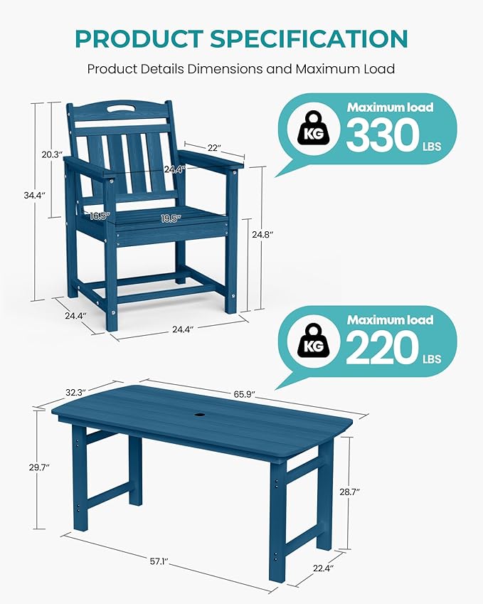 HDPE Outdoor Patio Dining Set with Table & 6 Chairs, All-Weather 7-Piece Outdoor Table and Chairs, 2" Umbrella Hole, Patio Furniture for Garden, Backyard, Deck | Navy Blue