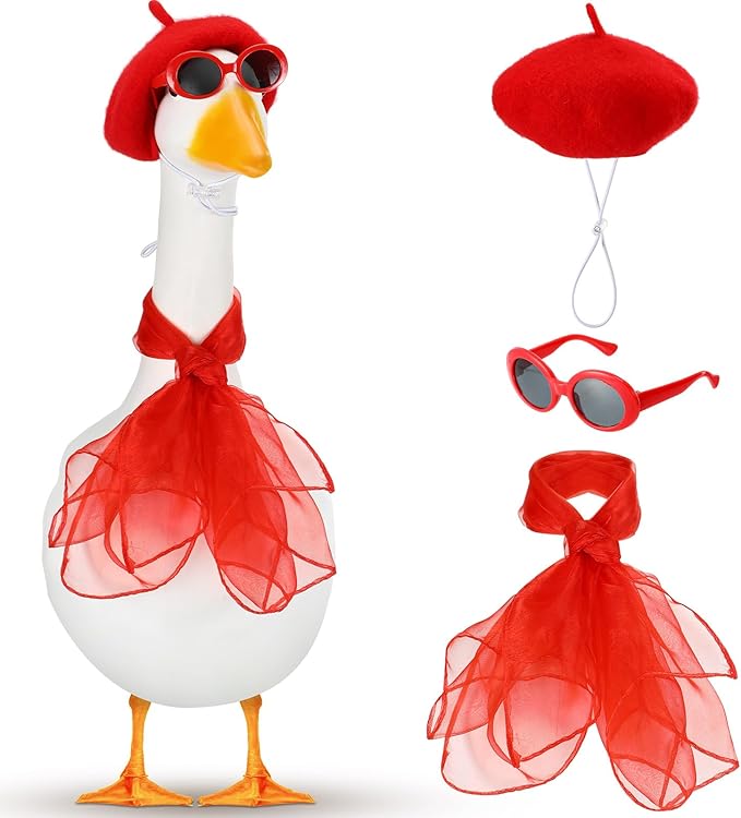Yaomiao 3 Pcs French Porch Goose Outfit Set for 23'' 17'' Cement Plastic Lawn Goose Costume 50s French Beret Hat for Statue Halloween Carnival Statue Decor(Red)