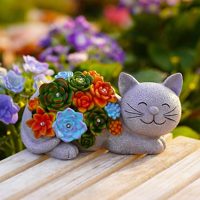 Solar Cat Garden Statue for Outdoor: Outside Sculpture Art Decor Yard Lawn Porch Backyard Ornament- Ideal Gifts for Mom Mother Women