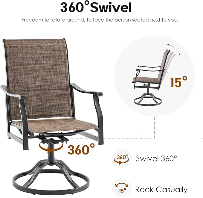 Swivel Patio Chairs Set of 8, Outdoor Patio Dining Chairs with Padded Textilene, Swivel & Rocker Metal Outdoor Dining Chairs All-Weather for Backyard, Brown Fabric with Black Frame