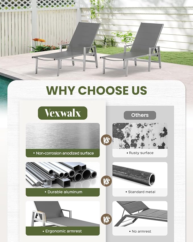 Patio Chaise Lounge Chair Outdoor with Wheels&Armrests, Aluminum Pool Lounge Chairs Five-Position Adjustable Recliner with Side Table, Outdoor Beach Lounge Chairs for Poolside, Deck, Garden, Dark Gray