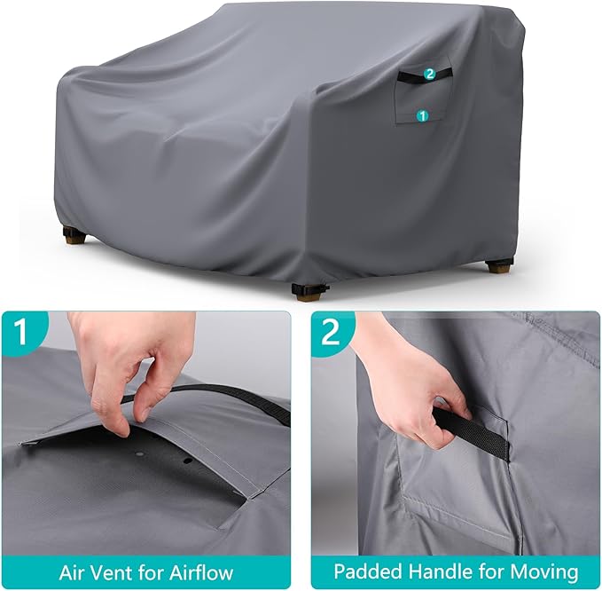 Patio Sofa Cover Waterproof - Heavy Duty 2-Seater Outdoor Couch Cover, Patio Furniture Covers with Air Vent and Handles, 60" L ×34" D×30" H, Gray