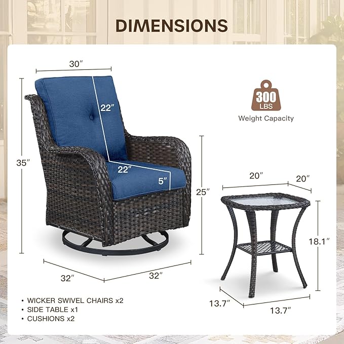 Patio Swivel Chairs with Smile-Shaped Cushions, 3 Piece High Back Patio Swivel Glider Chairs with Side Table 3PCS PE Rattan Luxury Swivel Patio Chair Set Brown Wicker - Blue Cushions