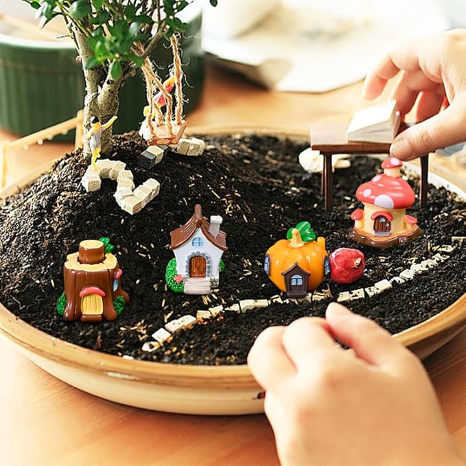 4 PCS Mini House Figurines, Miniature Village Hut Figurine, Fairy Garden Cottage Micro Landscape Ornaments Accessories for Bonsai, Succulent Planting, Flower Pots (4pcs)
