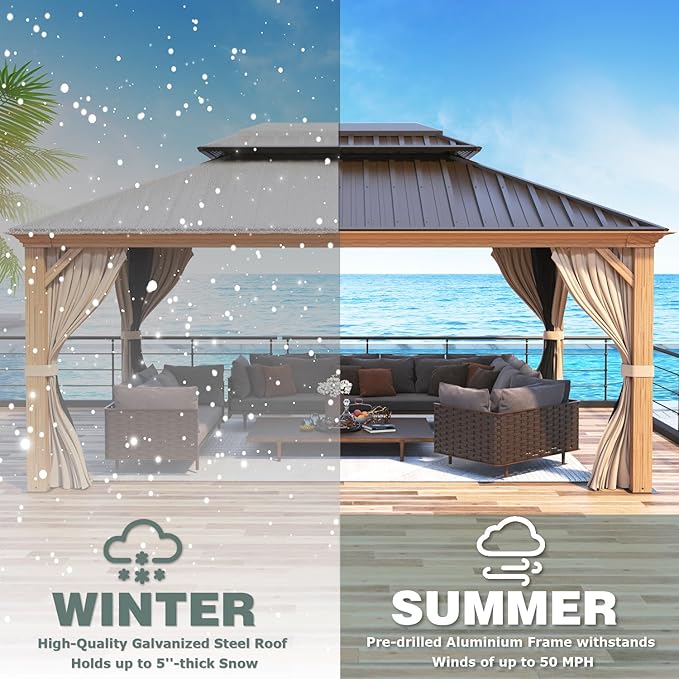 MELLCOM 12'x16' Hardtop Gazebo, Wood Grain Aluminum Frame Outdoor Gazebo with Double Galvanized Steel Roof, Permanent Metal Pavilion with Curtains and Nettings for Patio, Backyard, Deck and Lawns