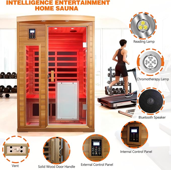 2 Person Infrared Sauna for Home, Red Cedar Ultra Low EMF (0-1mG) Far Infrared Sauna, 1750W Indoor Wooden Saunas Room with Bluetooth Speakers, Chromotherapy Lights & Door Heated Panels