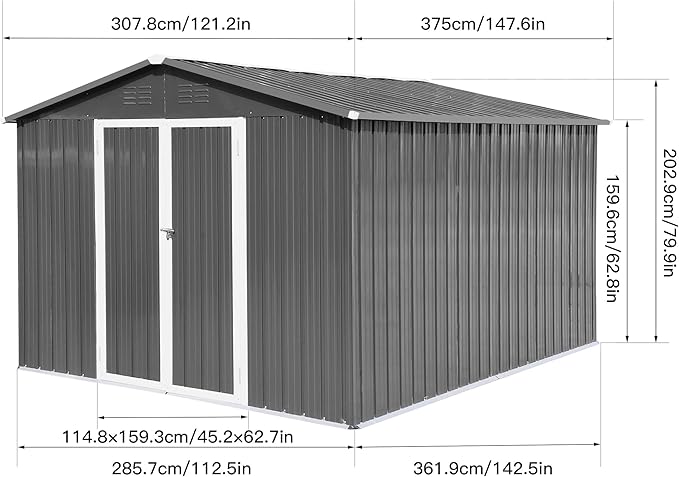 10x12 FT Metal Outdoor Storage Shed & Double Hinged Large Door - Heavy-Duty Shed with Floor, Lockable & Ventilation - Rainproof Windproof Large Utility Garden Shed for Backyard Patio Lawn - Light Gray