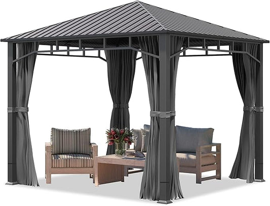 TOOLPORT Hardtop Gazebo 10x10 ft with Steel Roof - 4 Side Panels in Gray - Approx. 3.54x3.54 in Aluminium Poles