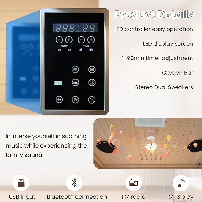 2 Person Infrared Sauna with Red Light Therapy, 1760W 120V Low EMF with Control Pane Home Indoor Dry Sauna Room for Gym & Spa, Made from Canadian Hemlock