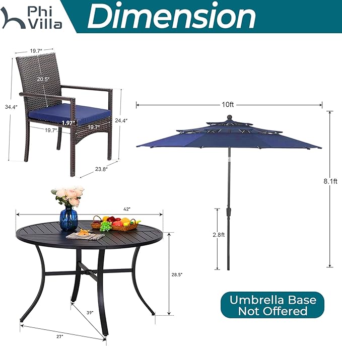 PHI VILLA 5 Pieces Outdoor Dining Set with Umbrella for 4, Round Metal Iron Dining Table & Wicker Chairs with Cushions & Large Blue Umbrella, Morden Dining Furniture for Patio, Deck, Yard, Porch