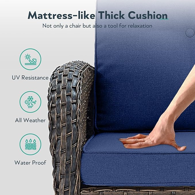 7 Piece Patio Furniture Set - Wicker Patio Conversation Set with Swivel Glider, Glider Loveseat, Tempered Glass Side Table and 2 Ottomans for Deck Backyard - Brown Wicker Blue Cushion