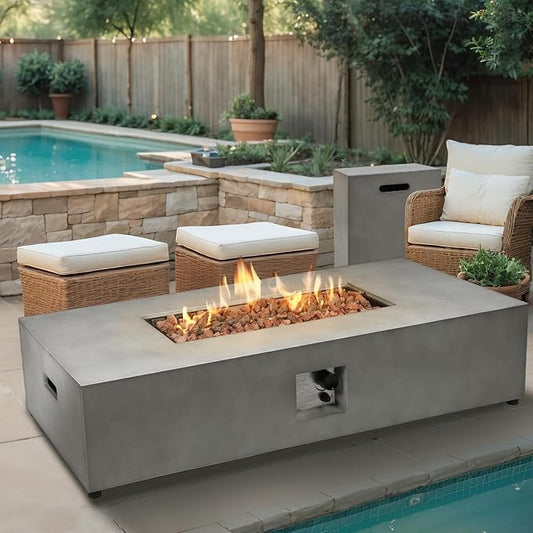 2-Piece 54" Outdoor Propane Fire Pit Table Set W 16" Tank Cover Side Table, 50,000 BTU Rectangle Concrete Fire Pit Coffee Table, Lava Rocks, Rain Cover for Patio, Backyard, Garden, Porch, Deck