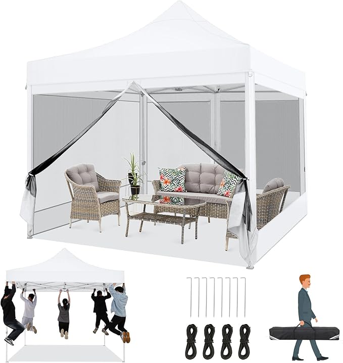 COBIZI 10x10 Heavy Duty Pop Up Canopy with 4 Mosquito Netting Wall, Easy Set Up Commercial Gazebo Party Tent, Outdoor Instant Screen Canopy for Backyard, Patio, Garden, White