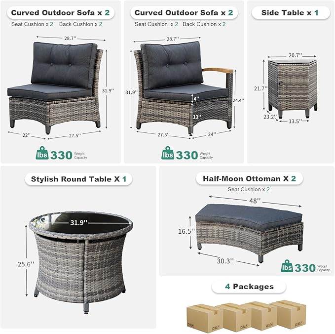 MEISSALIVVE 8 Piece Outdoor Patio Furniture Set, Half-Moon Curved Sectional Set with Wood Armrests, Patio Conversation Set, 2 Half-Moon Ottomans, Round Table & Side Table (Grey)