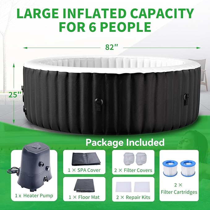 4-6 Person Inflatable Hot Tub, 264Gal Portable Blow up Hot Tub with 130 Strong Bubble Jets, Leak-Resistant PVC Round Outdoor Spa with Heater Pump and Insulated Cover, 82” X 82” X 25”