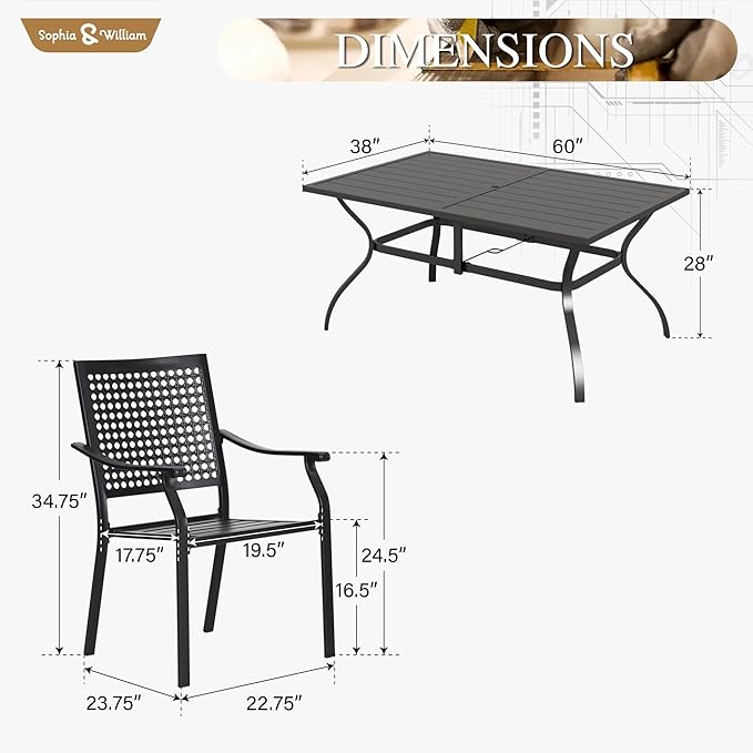 Sophia & William 7 Piece Metal Outdoor Patio Dining Bistro Sets with Umbrella Hole, 60" x 37.8" Rectangle Patio Table and 6 Backyard Garden Outdoor Chairs
