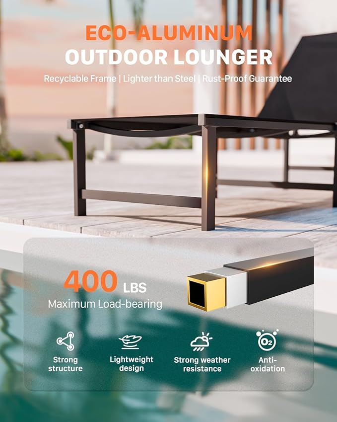 Chaise Lounge Chair Outdoor,Aluminum Patio Lounge Chairs Set of 2, Adjustable 5-Position Recliner and Full Flat Tanning Chair with Pillow for Pool, Outside,Beach,Black