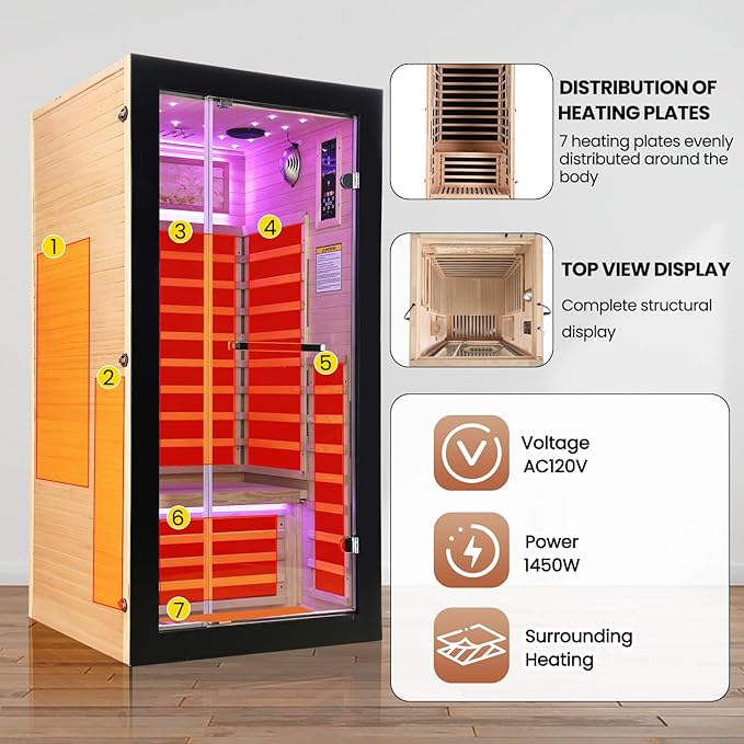 Far Infrared Sauna Home Sauna Indoor 1 Person Hemlock Wood Saunas 1450W 120V with Red Light Bluetooth Speakers 35.4"x35.4"x70.9"