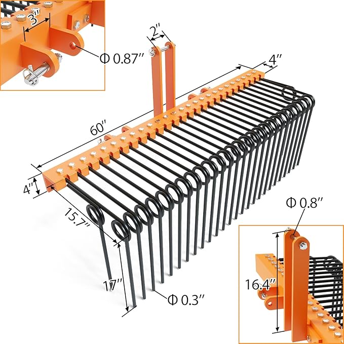 60" Durable Powder Coated, Steel Pine Grass Rake, Steel Spring Landscape Rake, Cat 0 Cat 1 Attaches to Tractor, 3-Point Hitch, Black + Orange