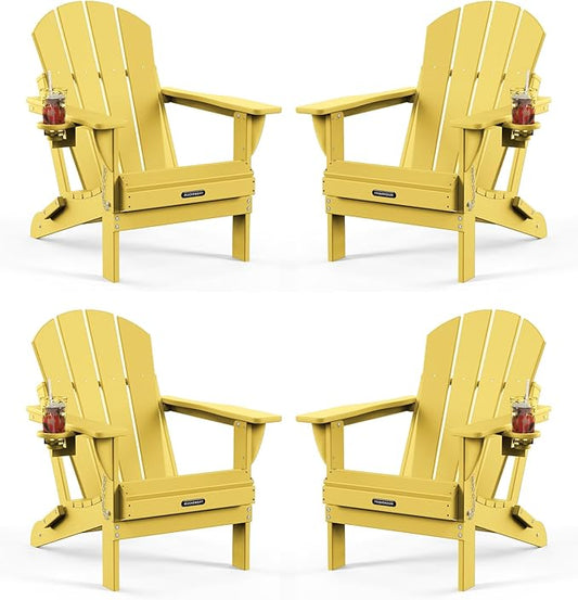 MUCHENGHY Folding Adirondack Chairs Set of 4, Patio Chairs, Lawn Chairs, Outdoor Chair, Adirondack Chair Plastic, Fire Pit, Weather Resistant with Cup Holder for Deck, Backyard, Garden(Olive Yellow)