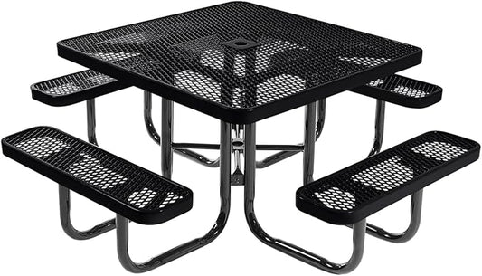 Coated Outdoor Furniture Heavy-Duty Portable Outdoor Picnic Table with Umbrella Hole, Expanded Metal Commercial-Grade Patio Dining Furniture Made in America (46" Square Top, Black)
