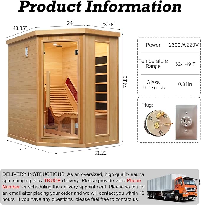 Infrared Sauna Room with Recliner, 1 or 2 Person Home Canadian Hemlock Luxurious Wooden Traditional Indoor Corner Dry Heat Sauna Room, 2300W/220V, 8 Heating Panels, 7 Color Lights, Oxygen Bar