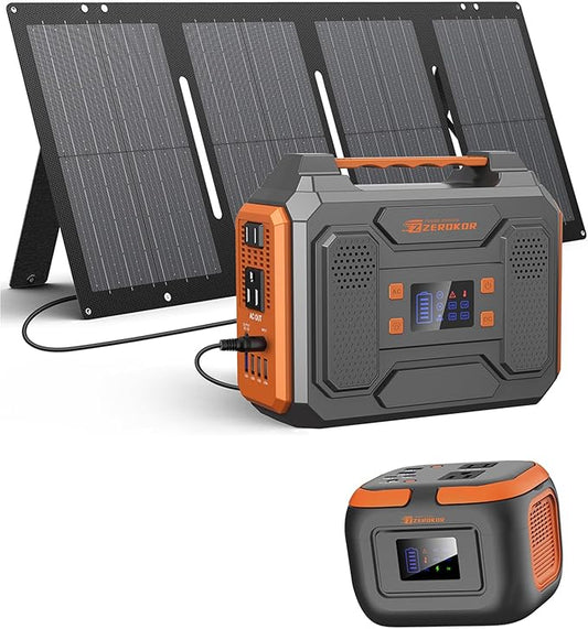 300W Portable Solar Power Station Generator with Foldable 60W Solar Panel Charger, 120W 110V Portable Power Bank with AC Outlet for Camping RV Van Home Outdoor Adventure Backup with USB C