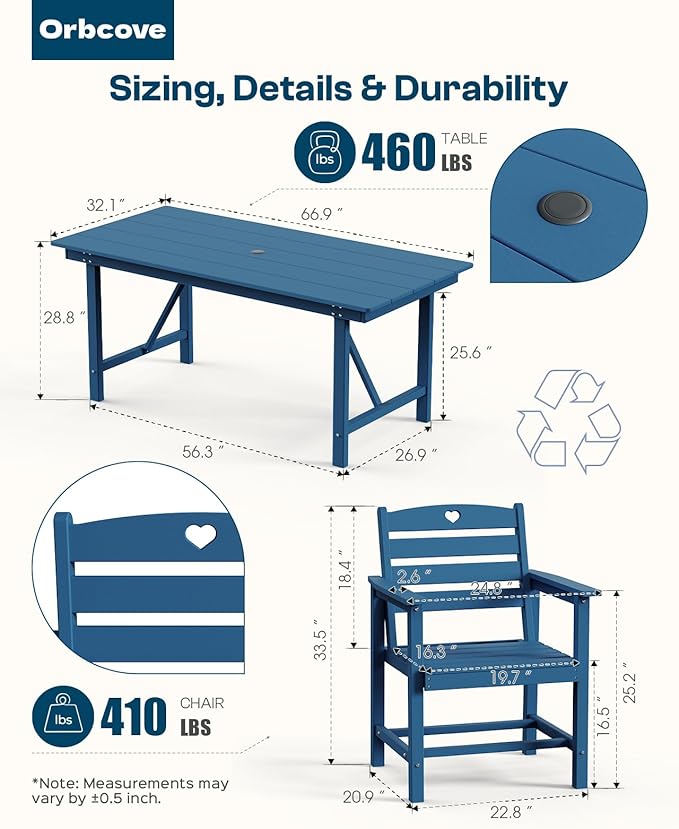 Patio Table and Chairs Set with Umbrella Hole, HDPE Patio Dining Set for 4, Outdoor Dining Set for Lawn, Patio, Porch, Deck, Poolside, Yard (Classic Blue, 5-Piece)