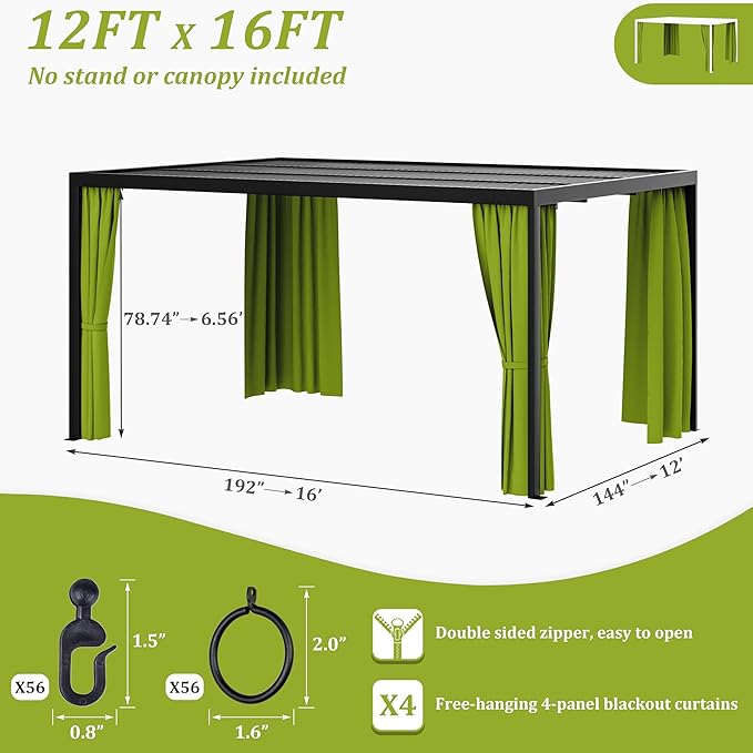 Gazebo Universal Replacement Privacy Curtain,12'×16' Gazebo Outdoor Waterproof Curtains, 4-Panels Sidewall Curtains with Double Zipper for Patio Canopy, Garden and Backyard (Curtain Only)