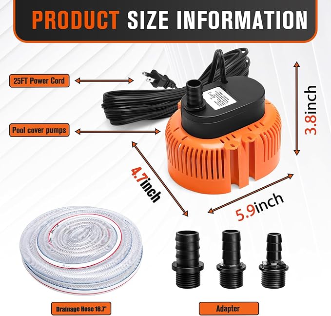 Sump Pump,Pool Cover Pump above Ground,submersible water pump Swimming Water Removal Pumps,for Swimming Pool Basement Garden Pond Tubs Draining,75W,Max Flow:850GPH,3 Adapters,25 Ft Power Cord (Orange)