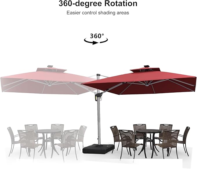 PURPLE LEAF 10 Feet Solar Powered LED Square Cantilever Umbrella With Base Patio Umbrellas Windproof Hanging Outdoor Umbrellas Offset Umbrella, Terra