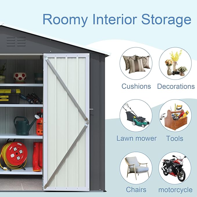 8x10 FT Outdoor Storage Shed, Metal Steel Utility Tool Shed Storage House with Double Lockable Doors & Air Vent for Backyard Garden Patio Lawn Gray