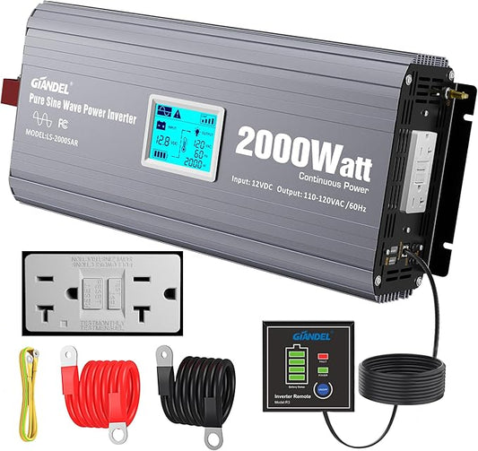 2000 Watt Inverter Pure Sine Wave with UL Listed GFCI Outlets Power Inverter 12V DC to 120V AC FCC Approved Remote with Battery Level Monitor for Off Grid Solar Setup RVs Campers