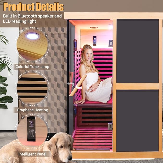 Far Infrared Sauna for Home 2 Person Saunas for Home Indoor Sauna 1980W Hemlock Wood Sauna Room 2-Person Infrared Sauna with LCD Control Panel and Tempered Glass Doors Dry Sauna 47.2*47.2*75.6 Inches