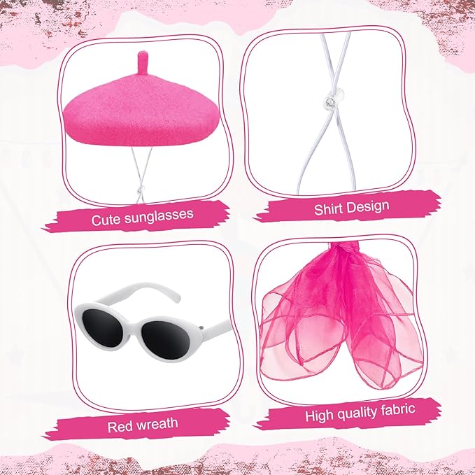 Yaomiao 3 Pcs French Porch Goose Outfit Set for 23'' 17'' Cement Plastic Lawn Goose Costume 50s French Beret Hat for Statue Halloween Carnival Statue Decor(Hot Pink)