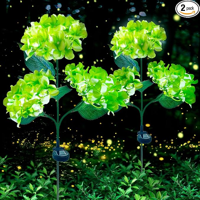 Aolyty Solar Garden Lights Outdoor, Solar Hydrangea Lights IP65 Waterproof LED Flowers Stake Lights 2 Pack for Garden Pathway Patio Backyard Landscape Decorative (Green)
