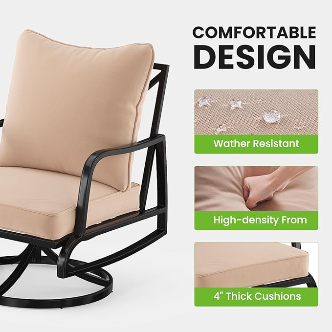 Soohow Patio Furniture Set, 4 Piece Outdoor Patio Furniture Set, 2 x Outdoor Swivel Chair, 1 x 3-Seats Sofa and 1 x Coffee Table, Metal Conversation Set for Porch, Balcony, and Backyard