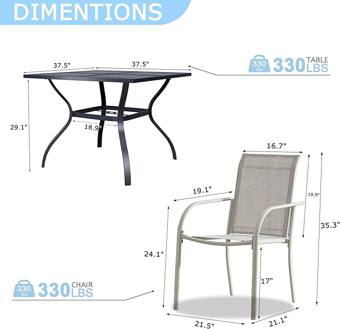 5 Pieces Sqaure Dining Table Set for 4, Patio Dining Set Includes 4 Grey Stackable Patio Chairs and 1 Black Mesh Square Table, Patio Furniture Sets with Sling Support for Outside, Garden