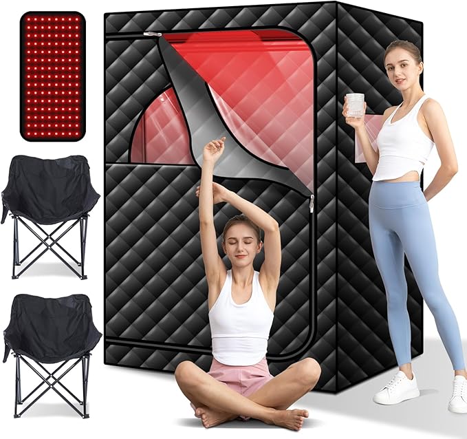 Portable Infrared Sauna with Red Light Therapy Lamp, 2 Person Steam Saunas Tent with 2 Large Folding Chairs, Remote Control, Dry Heated Indoor Home Spa for Gym/Pilates/Garage