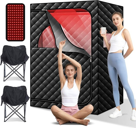Portable Infrared Sauna with Red Light Therapy Lamp, 2 Person Steam Saunas Tent with 2 Large Folding Chairs, Remote Control, Dry Heated Indoor Home Spa for Gym/Pilates/Garage