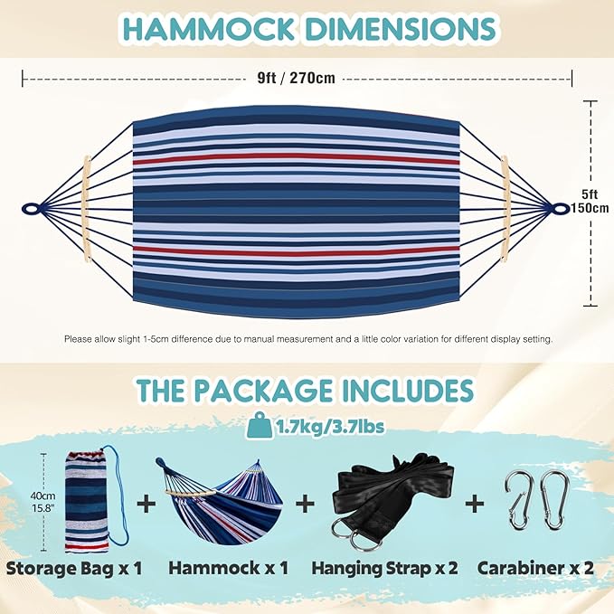 Anyoo Garden Cotton Hammock Comfortable Fabric Hammock with Spreader Bar Sturdy Hammocks Up to 450lbs Portable Lightweight Hammocks with Travel Bag for Camping Outdoor/Indoor Patio Backyard